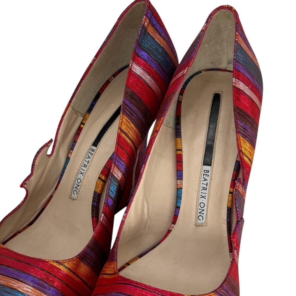 Beatrix Ong Satin Striped Wedge Heel Women's SZ 39 Rainbow Art Luxury Whimsy Fun - Picture 3 of 13